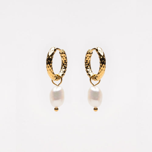 Hammered Pearl Hoop Earrings