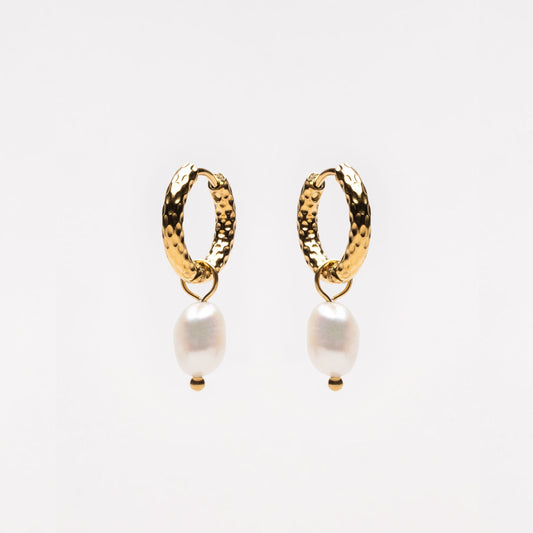 Hammered Pearl Hoop Earrings